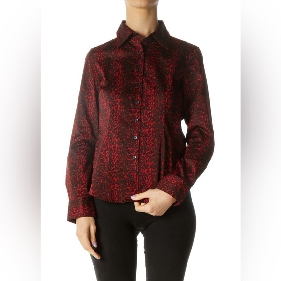 Talbots Long Sleeve Button Down Collared Blouse Red Black Leopard Career Office - Picture 1 of 9